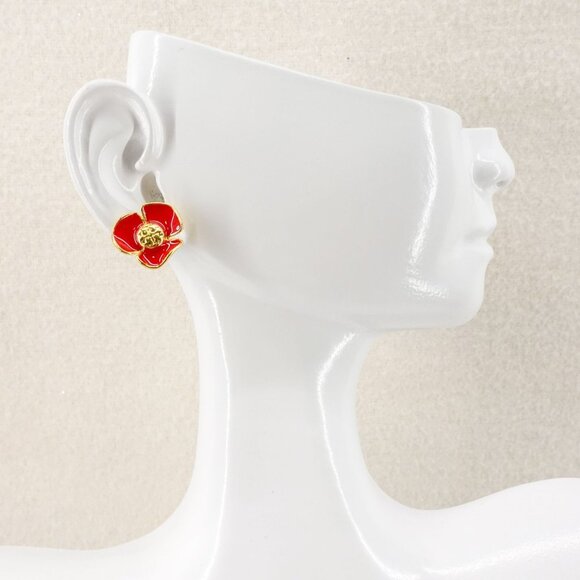 Tory Burch Fleur Flower Stud Earrings Red OS - Picture 6 of 8